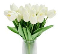 QWORK® 20 pièces Fleurs de Tulipes artificielles, Fleurs de Tulipes artificielles au Toucher réel, Bouquets de décoration pour fête, Mariage et Maison,Blanches