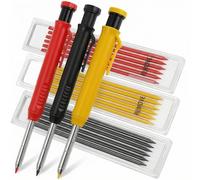 QWORK® 3 Pcs Crayon de Charpentier avec 18 Recharges, Marqueur de Crayon Mécanique à Long Nez à Trou Profond avec Affûteur Intégré pour Menuisier Architecte (Noir, Rouge, Jaune)