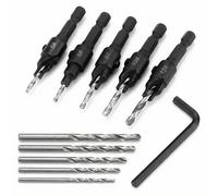 QWORK® 5 pièces foret à fraiser, 5#,6#,8#,10#,12#, tige hexagonale 1/4", avec 5 pièces forets remplaçables et une clé hexagonale pour le travail du bois