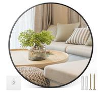 QWORK® Miroir Mural Rond Ø50cm - Verre HD Antidéflagrant - Cadre Noiren Alliage d'Aluminium - Clou Mural Autocollant Inclus