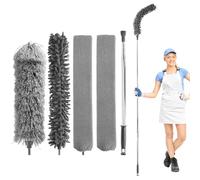 QWORK® Set de plumeau télescopique - 280 cm Extensible avec 3 têtes de Brosse en Microfibre, Manche de Nettoyage Flexible pour Coins, plafonds et Joints