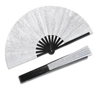 Qyeahkj Grand éventail pliable argenté à paillettes pour homme et femme - Éventail à main pour rave clac - Éventail chinois Tai Chi Kung Fu - Éventail pliable en tissu décoratif pour EDM, club, fête,