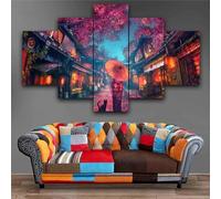 QYYAMDEQ Tableau Murale Decoration 5 Panneau Fille en Kimono de style Anime Japonais Mural Art Peinture Photos Bureau À Domicile Bain Grand Tableau Decoration Poster Mural Xxl 200X100