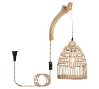 QYYZTHX Lot de 2 Appliques murales en Bois Boho avec Interrupteur, Lampe en Bois, Applique Murale bohème, Abat-Jour en rotin, Lampe de Chevet Industrielle Vintage E27, Applique Suspendue pour Chambre