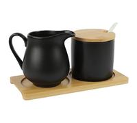 QZYIPI Service Sucre et Lait avec Couvercle et cuillère - Sucrier et Pot à Lait en céramique avec Plateau en Bois, sucrier avec Couvercle, Set café Sucre Lait pour Cuisine et café, Noir