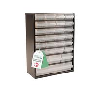 Raaco Casiers à Tiroirs C9-28, 28 tiroirs - Rangement Visserie Atelier | Cadre en Acier, 28 Tiroirs en Plastique, Charge 26 kg, 15 x 30,6 x 42 cm, Montable au Mur, pour Rangement Garage & Atelier