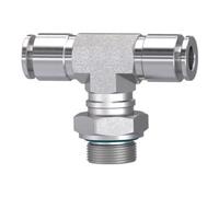 Raccord en T rotatif G 1/4 A pour tuyau extérieur Ø 12 mm, pression de travail max. 20 bar, acier inoxydable 1.4404