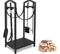 Rack à bois en métal, rack de rangement à bois multifonctionnel à double couche, LINFE, comprend 4 accessoires pour cheminée, noir