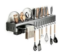 Rack À Couteaux pour Cuisine Murale,Porte-Ustensiles Résistant,Gris,60cm | Avec Plusieurs Crochets et Rail à Serviette, Rangement Gain de Place pour Couteaux, Ciseaux, Spatules et Planche à Découper