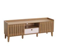 Meuble TV HWC-M48, Buffet TV, porte coulissante en bois massif de manguier 56x150x40cm naturel, tiroir blanc