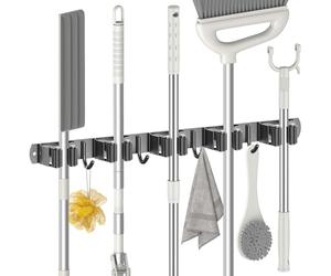Radikor Accroche Balai Mural, Porte Balais Mural avec 5 Supports et 4 Crochets, Support Balais Mural sans Percage, Attache Balai Mural avec Vis, Range Balai Mural, Porte Outils de Jardin Mural, Noir
