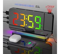 Radio FM 180 ° Réveil à Projection RGB avec veilleuse RGB, 6 niveaux de luminosité, double Port de sortie USB, horloge numérique LED 12H/24H BLANC