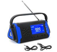 Radio météo d'urgence bleue avec manivelle, chargement solaire et USB, lampe torche LED, lampe de lecture, alarme SOS, de haute qualité et durable.