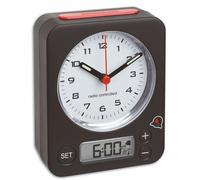 TFA Dostmann Réveil Combo, 60.1511.01.05, Horloge Radio-pilotée analogique avec fuseaux, Heure de réveil-numérique, particulièrement réveille-Matin Silencieux, rétroéclairage, Noir-Rouge