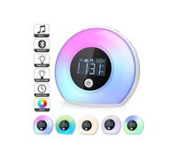 Radio réveil matin avec effets lumineux, trois sons naturels et cinq lumières colorées, design compact pour chambre et réveil en douceur