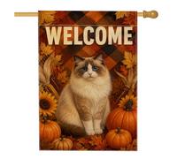 Ragdoll Panneau de bienvenue d'automne chat 71 x 101 cm | Plaid de buffle, drapeau de cour, citrouilles, tournesols, feuilles d'automne, décoration rustique de ferme