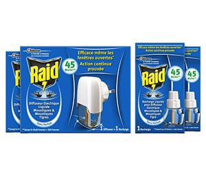 Raid 2 Diffuseurs Electriques Liquides Moustiques & Moustiques Tigres + 4 Recharges 45 Nuits - 2 Diffuseurs + 4 Recharges