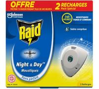 Raid 2 Recharges pour Diffuseur Électrique à Sable Compressé, Anti-Moustiques, Moustiques Tigres, Mouches et Fourmis, Night & Day Trio, Insecticide - Lot de 2
