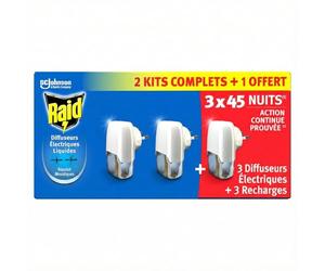 Raid Diffuseur Electrique Liquide - Répulsif Moustiques - 3 Diffuseurs + 3 Recharges, 2 en 1 - 45 Nuits