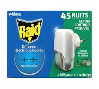 Raid Diffuseur Électrique Liquide Répulsif Moustiques et Moustiques Tigres 45 Nuits - Senteur Eucalyptus et Menthe - 1 Diffuseur + 1 Recharge