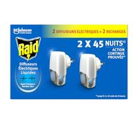 Raid Diffuseur Électrique Répulsif Moustiques 2 Diffuseurs + 2 Recharges | Diffuseur électrique liquide, protection anti-moustiques et moustiques tigres, 90 nuits, 2 diffuseurs + 2 recharges
