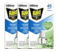 Raid Essentials Recharges Diffuseur Électrique Liquide - Répulsif Moustiques et Moustiques Tigres 45 Nuits - Sans Parfum Ajouté - 3 Recharges
