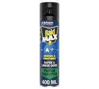 Raid Max Aérosol Mouches et Moustiques - 2 en 1 Action Rapide et Longue Durée - Parfum Eucalyptus - Jusqu'à 24h d'Efficacité - 1 Aérosol