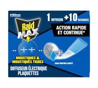Raid Max Diffuseur Electrique Plaquettes - Anti-Moustiques et Moustiques Tigres - Protection Efficace - Sans Parfum - 1 Diffuseur + 10 Recharges
