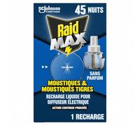 Raid Max Recharge Diffuseur Electrique Liquide - Moustiques et Moustiques Tigres 45 Nuits - Sans Parfum - 1 Recharge