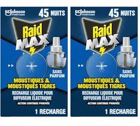 Raid Max Recharge Diffuseur Electrique Liquide - Moustiques et Moustiques Tigres 45 Nuits - Sans Parfum - 1 Recharge (Lot de 2)
