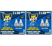 Raid Max Recharges Diffuseur Electrique Liquide - Anti-Moustiques et Moustiques Tigres 60 Nuits - Sans Parfum - 2 Recharges (Lot de 2)
