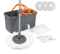 Rainberg Ensemble serpillère et Seau avec 3 têtes supplémentaires, Manche Extensible de 130 cm, têtes en Microfibre lavables en Machine, système d'essorage Automatique, Gris et Orange