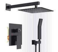 Rainsworth Système de Douche encastrable Noir, Ensemble de Douche Encastré avec Tête de Douche Carrée 25 * 25cm, Set de Douche avec Pommeau de Douche, Mitigeur Douche Corps en Laiton