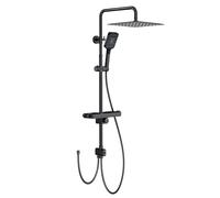 Rainsworth Système de douche sans robinetterie Noir - 30 X 30cm carré douche à effet pluie et 3 jets, avec inverseur en laiton,colonne de douche kit de douche avec étagère