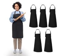 RAJRANG Ensemble de 5 tabliers de cuisine noirs - Tablier pour femme et homme pour BBQ, hôtel et restaurant avec poches frontales et lanière réglable en 100% coton - 66cm x 88cm