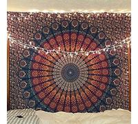 RAJRANG Paon Tapisserie Tenture Murale 228 x 213 cm Tapisseries Psychédéliques Décoration Boho Bleu Doré