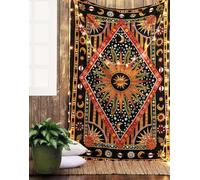 RAJRANG Tapisserie céleste pour chambre à coucher, décoration de dortoir, soleil, lune, étoile, trippy, support mural, art spirituel, tapisserie en coton à suspendre, bon marché, orange, 229 x 213 cm