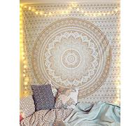 RAJRANG Tapisserie murale a suspendre en forme de mandala dore, style boheme ombre, hippie, chambre a coucher et salon, decoration boheme, tapisserie en coton double 213,4 x 137,2 cm