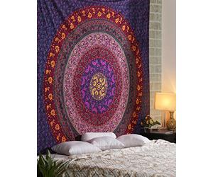 RAJRANG Tapisserie psychédélique en coton Tenture murale Grand Mandala Tapisseries Art Déco Rose Bleu 228x274 cm