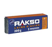 RAKSO Laine d'acier moyenne 2, 200g, 1 banderole, lisse le bois, enlève la saleté sur les carreaux/sols en pierre, polit les tuyaux/raccords en cuivre, Paille de Fer pour Nettoyage et Ponçage Efficace