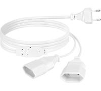 Rallonge électrique 2 m 2 en 1, fiche UE 075 mm² max. 25 A/250 V - fiche Euro vers fiche Euro - blanche - pour ordinateur, téléviseur, PC.