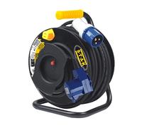 Rallonge en caoutchouc avec enrouleur de câble 25 m pour camping-car, camping, caravane, enrouleur de câble électrique avec 1 fiche CEE 3 pôles et 2 prises (industriel+Schuko) - IP44
