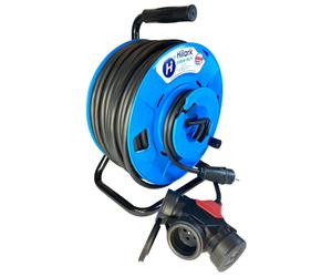 Rallonge en caoutchouc H05RR-F 3x2,5 mm2 sur enrouleur inversé avec adaptateur triple 50m