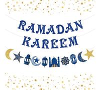 Ramadan Kareem Décoration Bannière Étoile et Lune Guirlande Bleu Ramadan Party Supplies Hajj Eid Mubarak Parti Islam musulman Eid Célébration Décoration 2 Pack