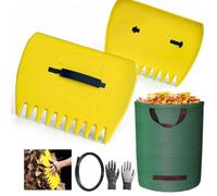 ramasse Feuilles à Main 33×24cm avec Sac de Jardin 210L, râteau ramasse Feuilles avec 1 paires de gants, râteaux à main en plastique léger pour ramasser les feuilles, ramasser les feuilles de jardin
