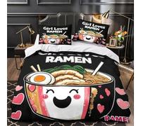 Ramen Bowl Cute Linge de Lit 3D Imprimée Microfibre Hypoallergique 3 Pièces 2xTaies Douce Japanese Food Coon Housse de Couette Respirante Entretien Facile for Adultes Enfants Single（140x200cm）