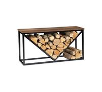 IDMarket Range bûches horizontal DAYTON acier noir design plateau bois vieilli pour cheminée