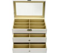 Range-lunettes et lunettes de soleil - Boîte de rangement - 18 compartiments - 3 niveaux - Avec tiroir - MDF, simili cuir, verre - 33,5 × 19 × 22,5 cm - Blanc