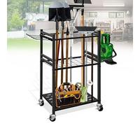 Range Outils de Jardin, Chariot de Jardin en Acier au Carbone avec Roue Universelle Support Range Outils de Jardin avec 6 Crochets Latéraux Longs et 3 Crochets de Rangement pour Garages et Jardins