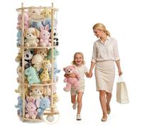 Range Peluche en Bois avec Roues Frein 360° et Élastiques, Organisateur Gain de Place, Rangement Peluche Chambre Enfant